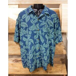 Tommy Bahama Mens Blue-Green Leaf Print Hawaiian Shirt XXL